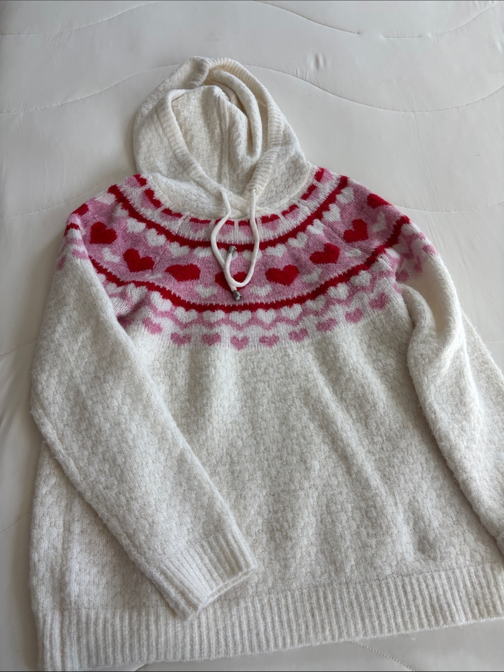 cupcakes & cashmere White Hooded Sweater with Pink and Red Heart Yoke